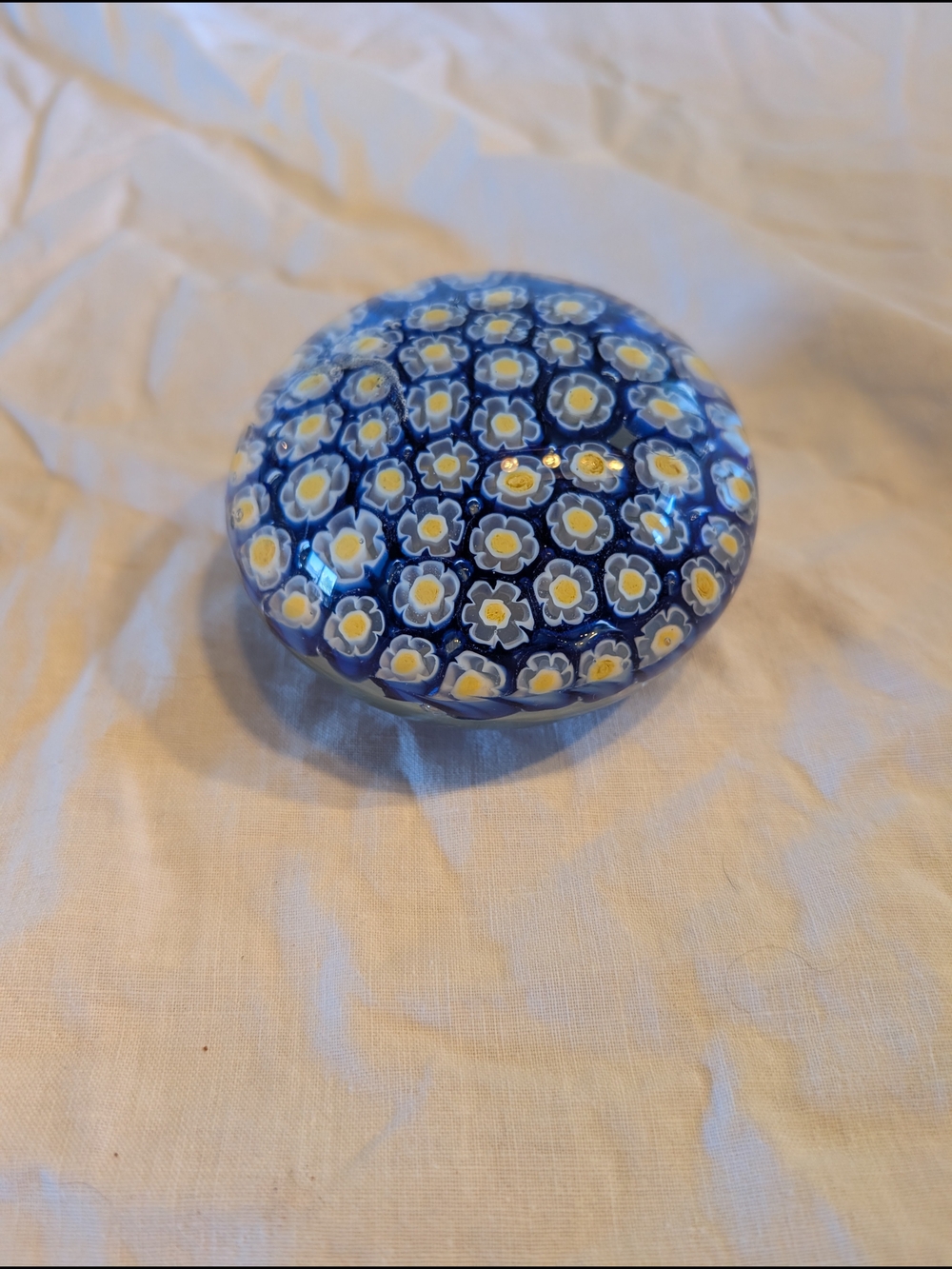 2/60$ Vintage Blue Millefiori Glass Paperweight with Yellow Accents